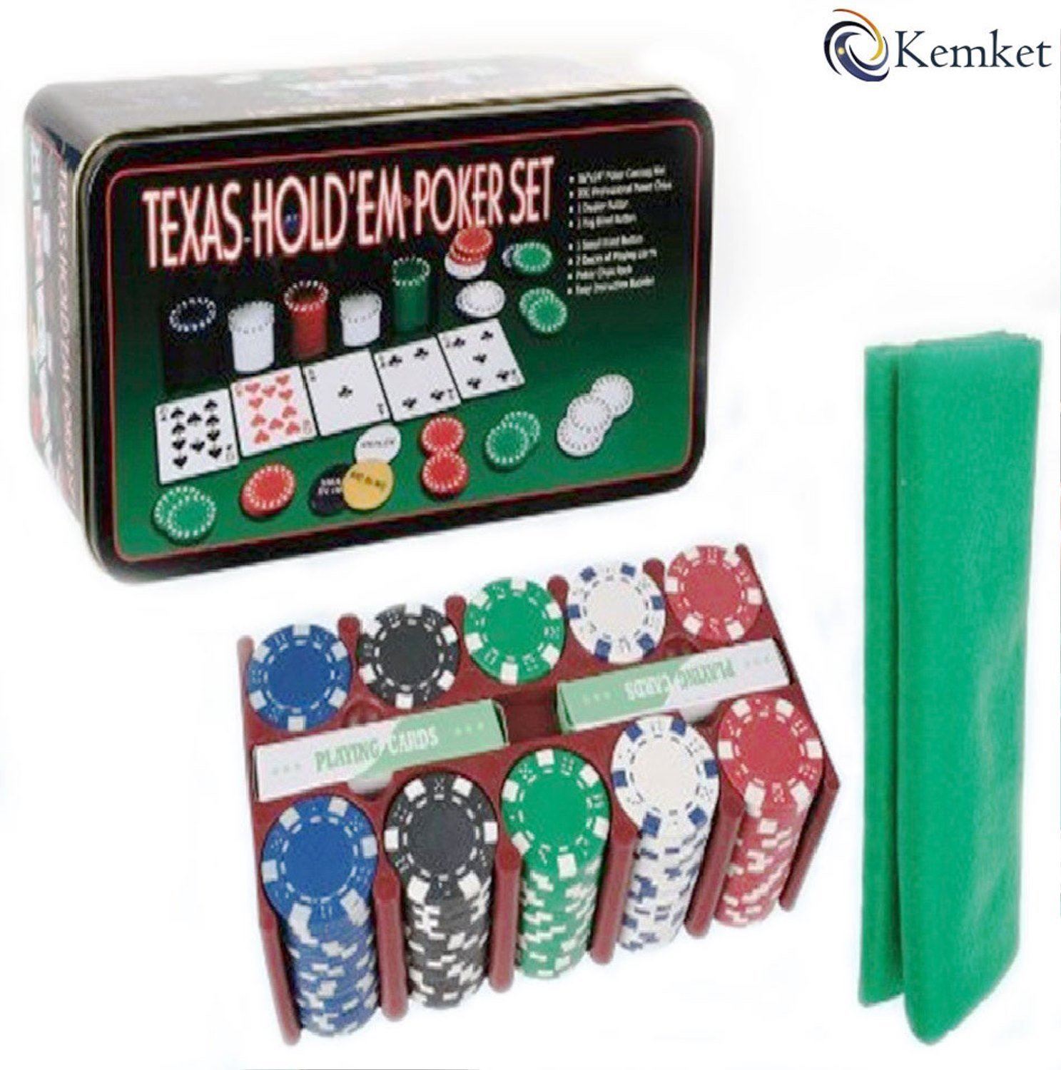 Poker Game Texas Hold/'em Set Gaming Mat 200*Chips 2 Decks Playing Card /& Box UK