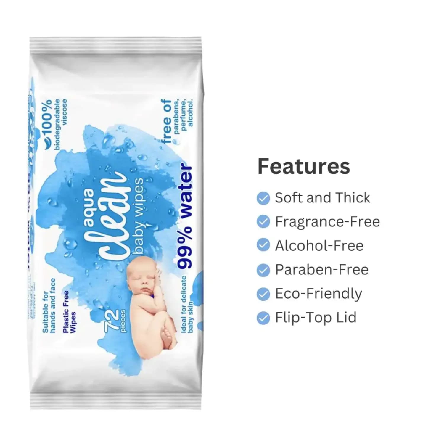 Aqua Clean Baby Wet Wipes 99% Water 72 Wipes - Pack of 12