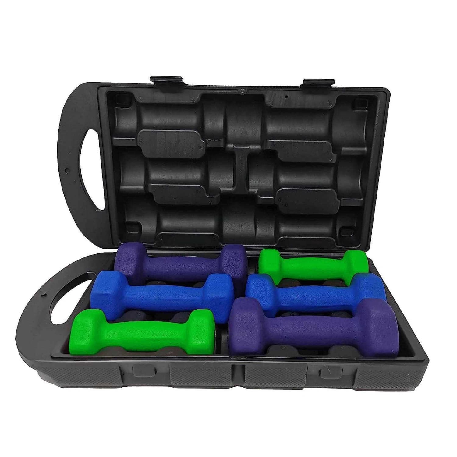 Kemket neoprene dumbbell set with carry case 10kg (green, purple, blue) (1)